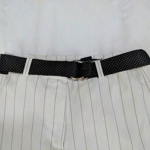 Black & white stripe pants with polka dots belt